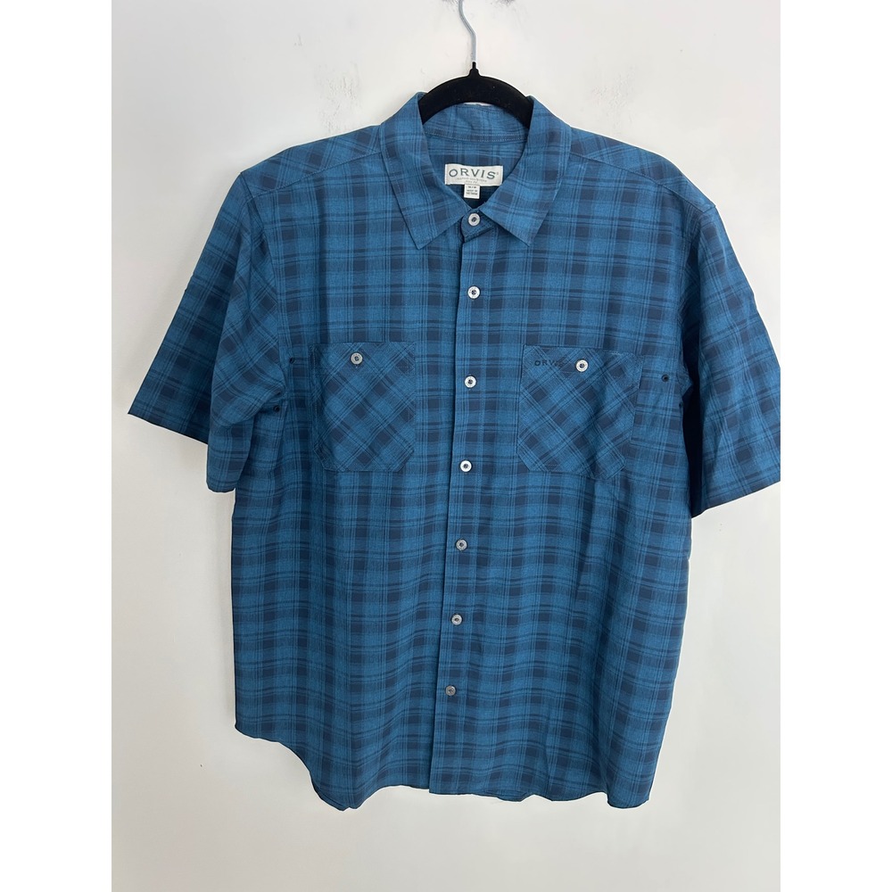 Orvis Mens Blue Plaid Short‎ Sleeve Fishing Shirt Polyester Button Up Medium